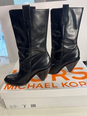 Michael Kors Black Leather Mid-Calf Western-Heel Boots. Neely Oiled Calf 8M